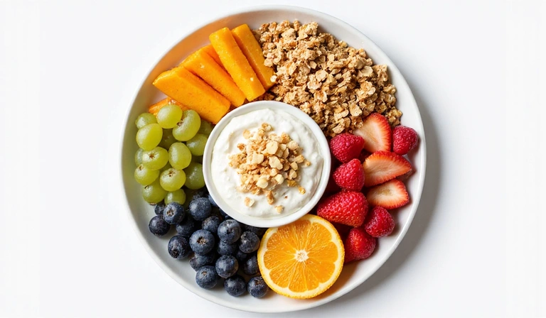 Plato con un desayuno saludable y colorido