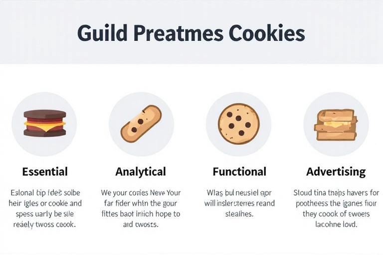 Diferentes tipos de cookies representadas visualmente, con etiquetas para 'Esenciales', 'Analíticas', 'Funcionalidad', 'Publicidad'