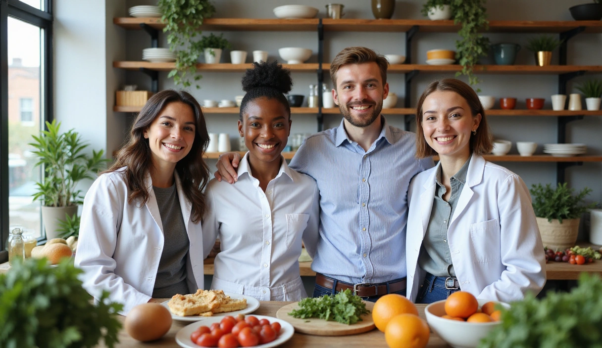 Un grupo de nutricionistas sonriendo y trabajando juntos en una oficina moderna.